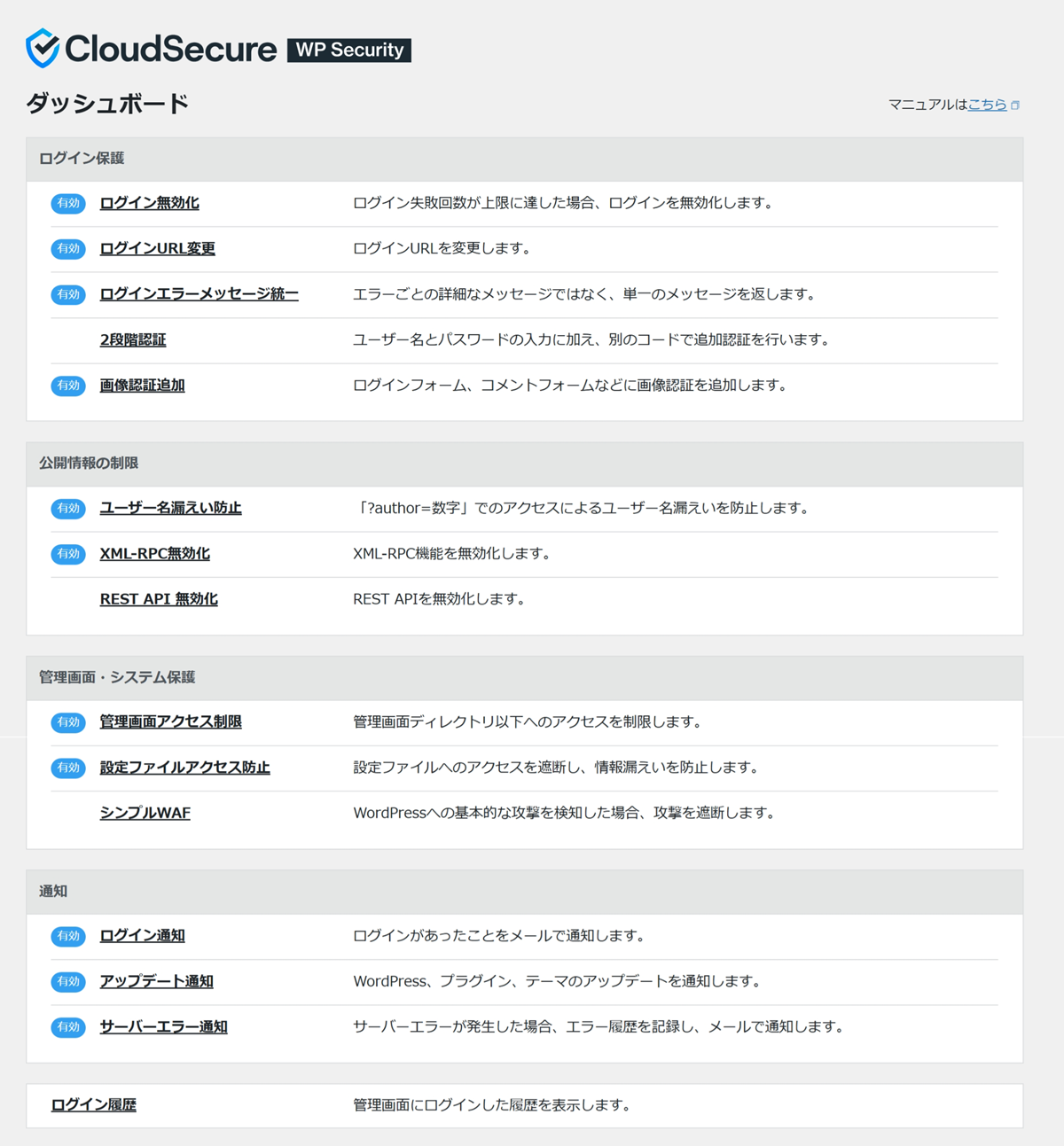 「CloudSecure WP Security」の設定画面。14項目中11項目が有効になっている。